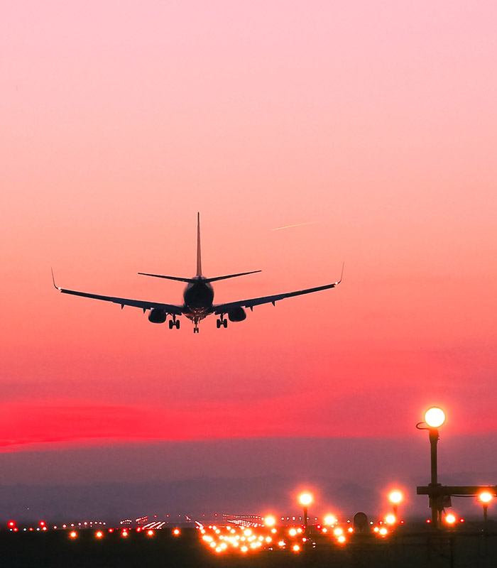 Pink sky background, with a plane landing 